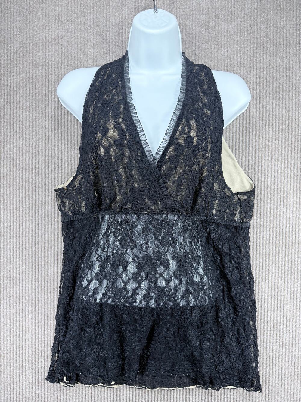 INC Black Lace Faux Wrap Halter Blouse Sz XL